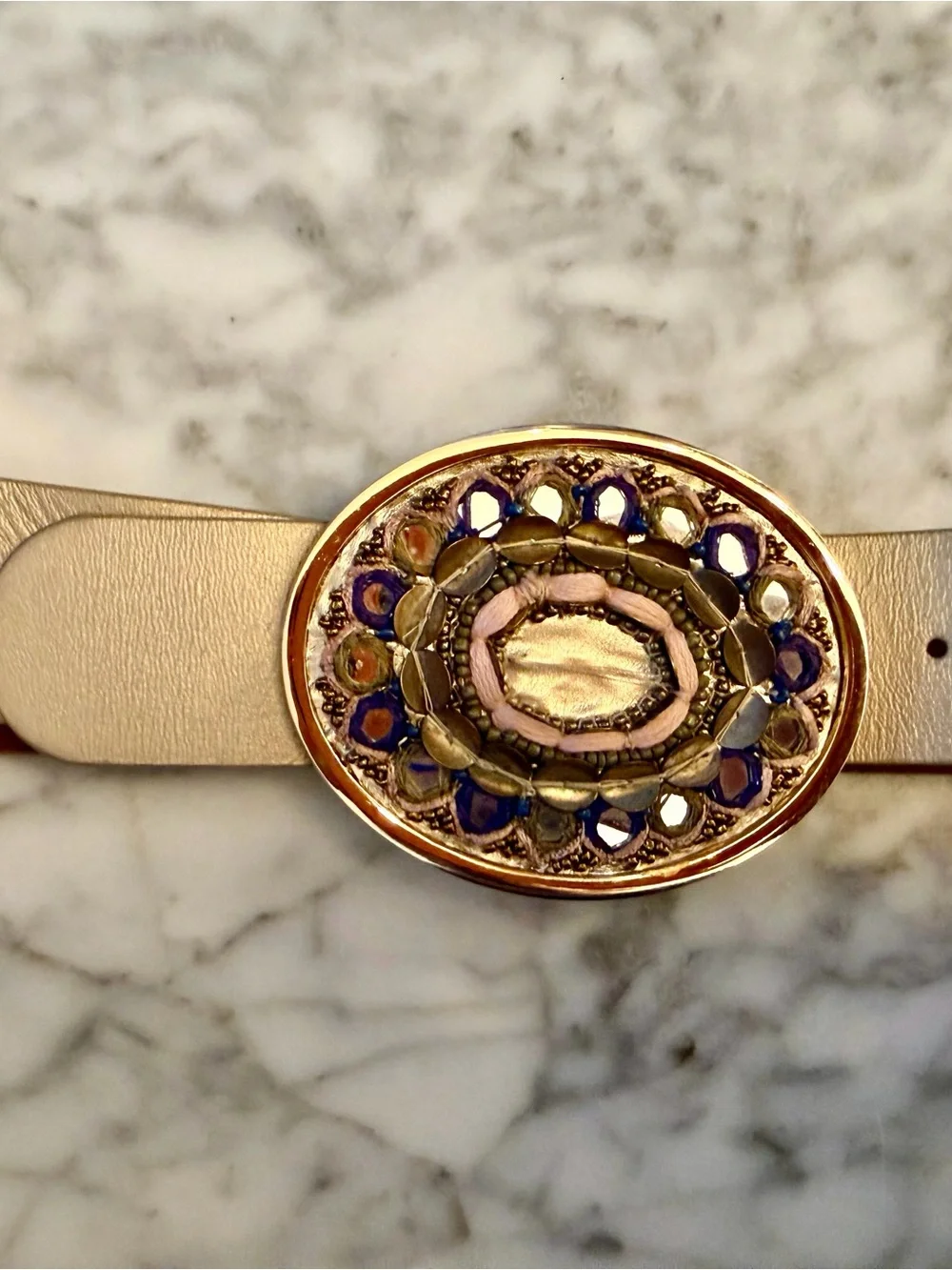 Chicos Western Jeweled Buckle Genuine Leather Belt Gold L 41” NWOT New